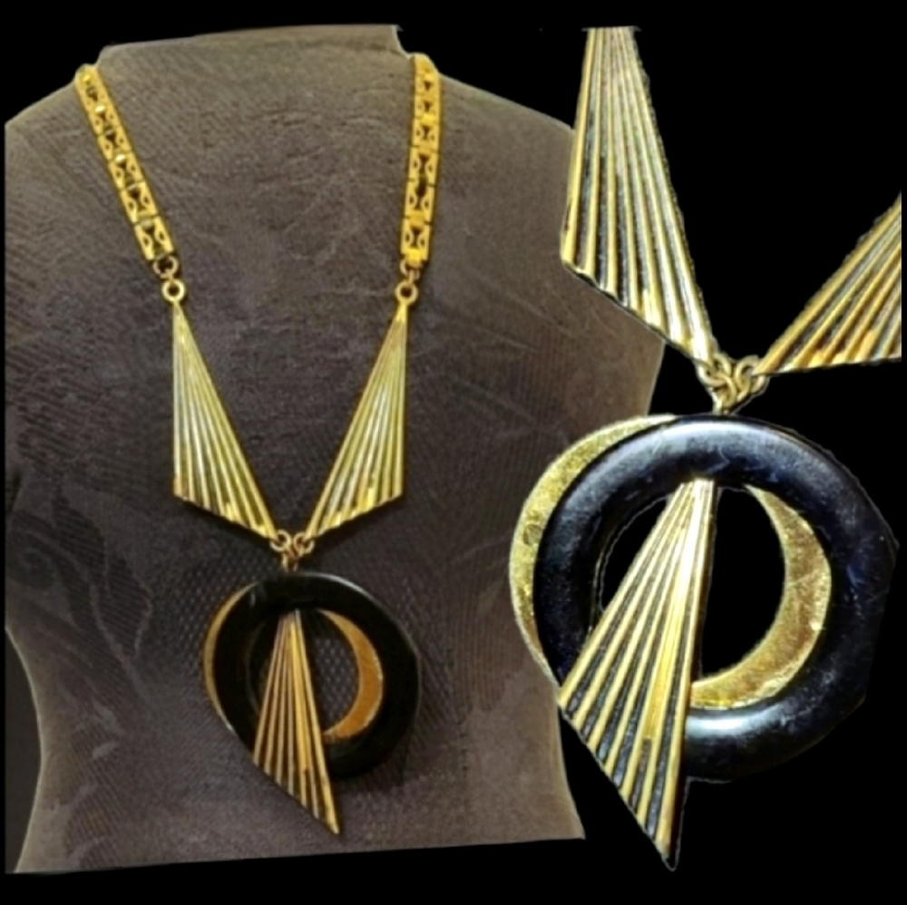 Vtg 1930s art deco black & gold geometric book chain brass necklace rare